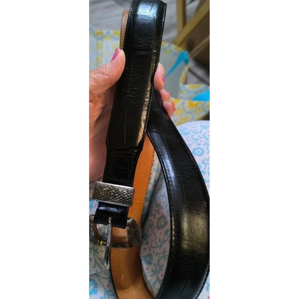 Vtg Onyx by Brighton Belt M Mens 36 Black Embossed Tip Buckle Leather 12503